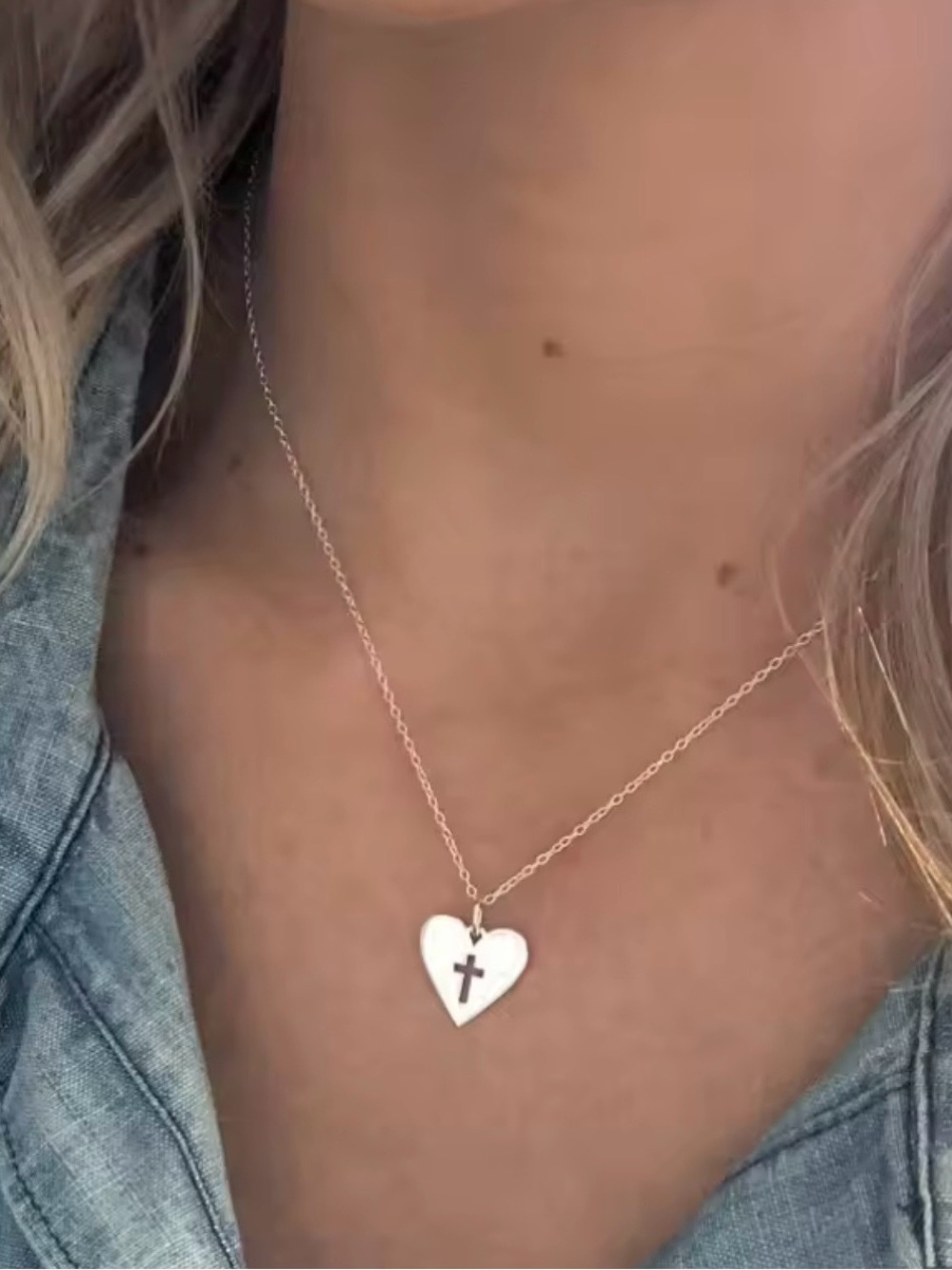 Tiny delicate Heart Pendant Necklace with Cross silve